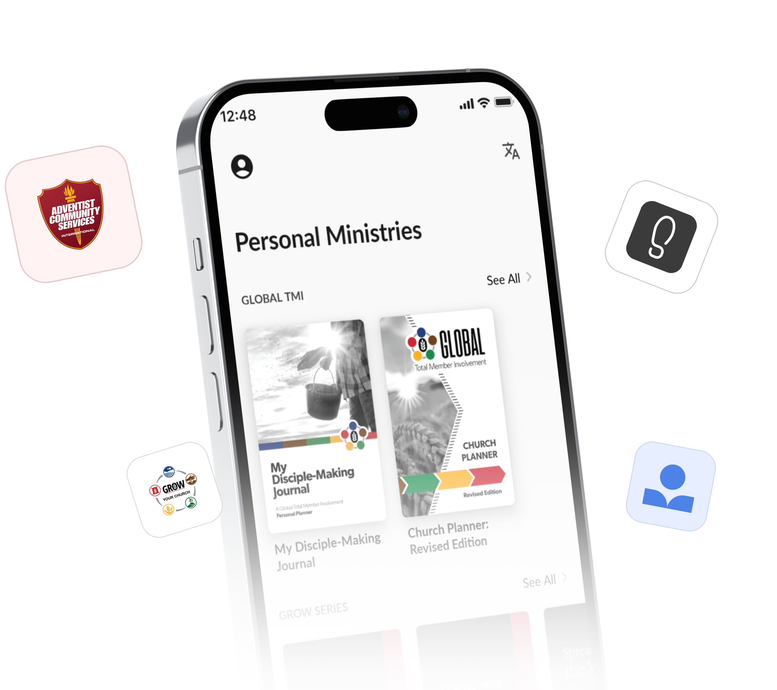 Personal Ministries app screen with resources and icons